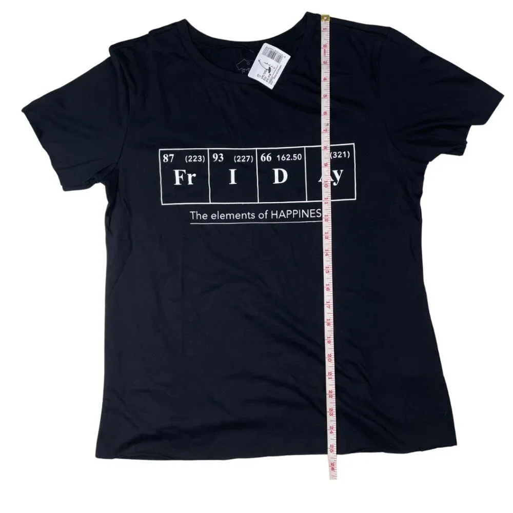 Black graphic t-shirt with “Friday the elements of happiness”